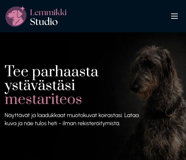 Lemmikkistudion etusivu ja koiran studiomuotokuva